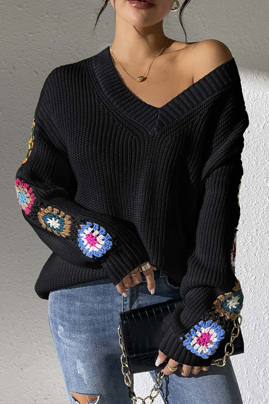 Black Crochet Flower Sweater