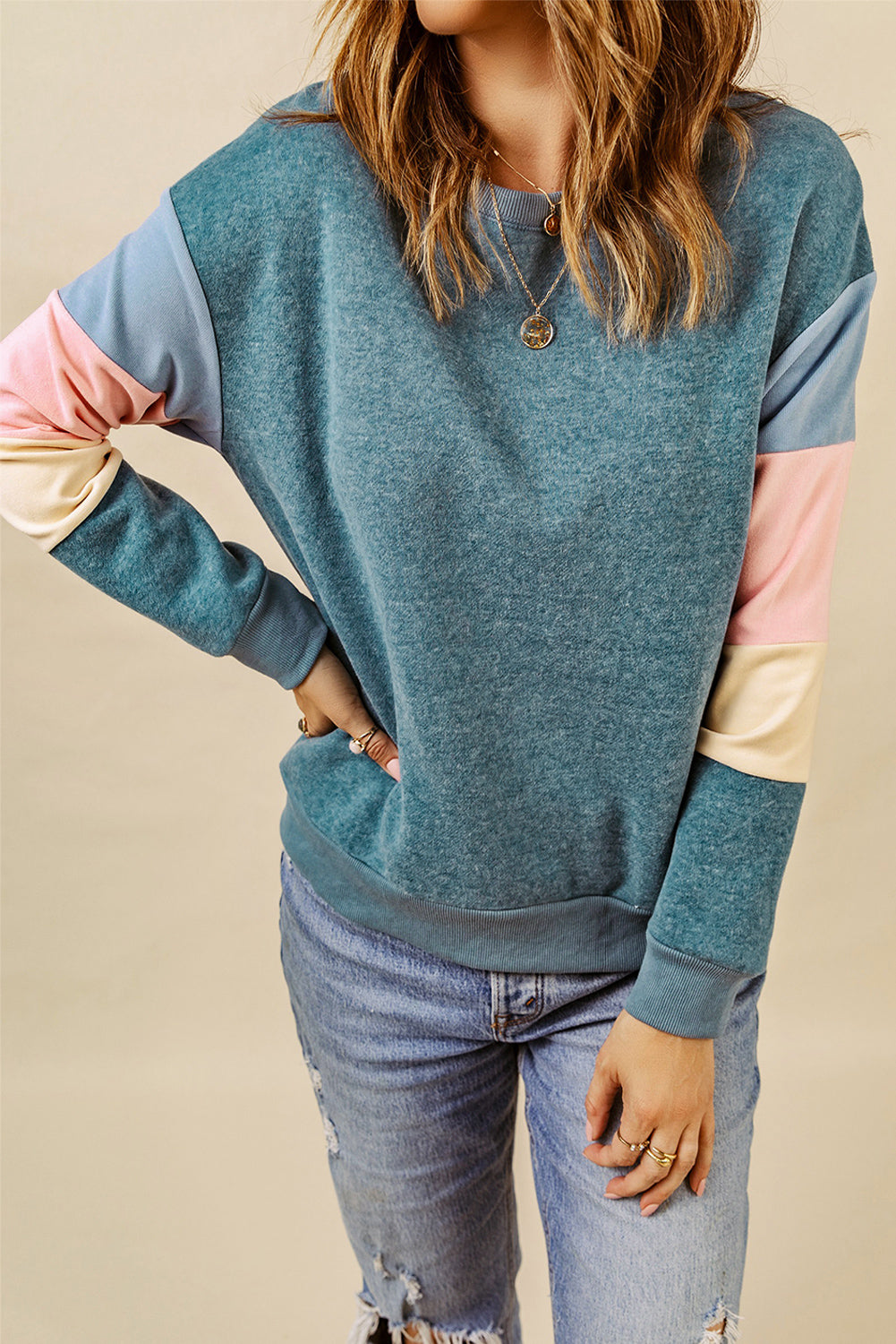 Dark Blue Color Block Casual Drop Sleeve Sweatshirt