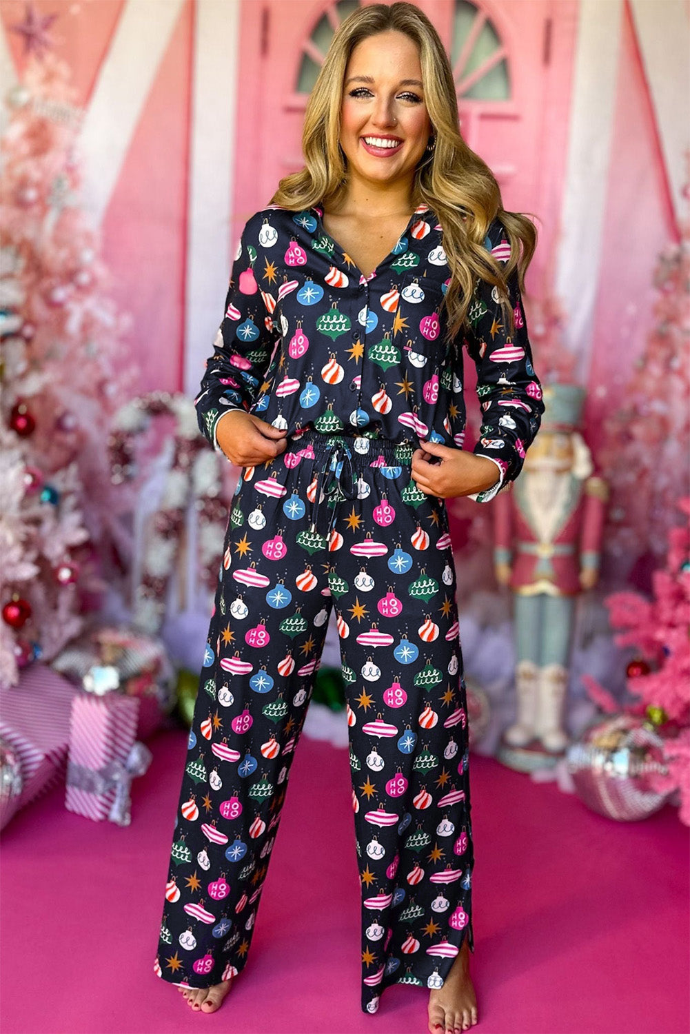 Navy Blue Christmas Print Pajama Set