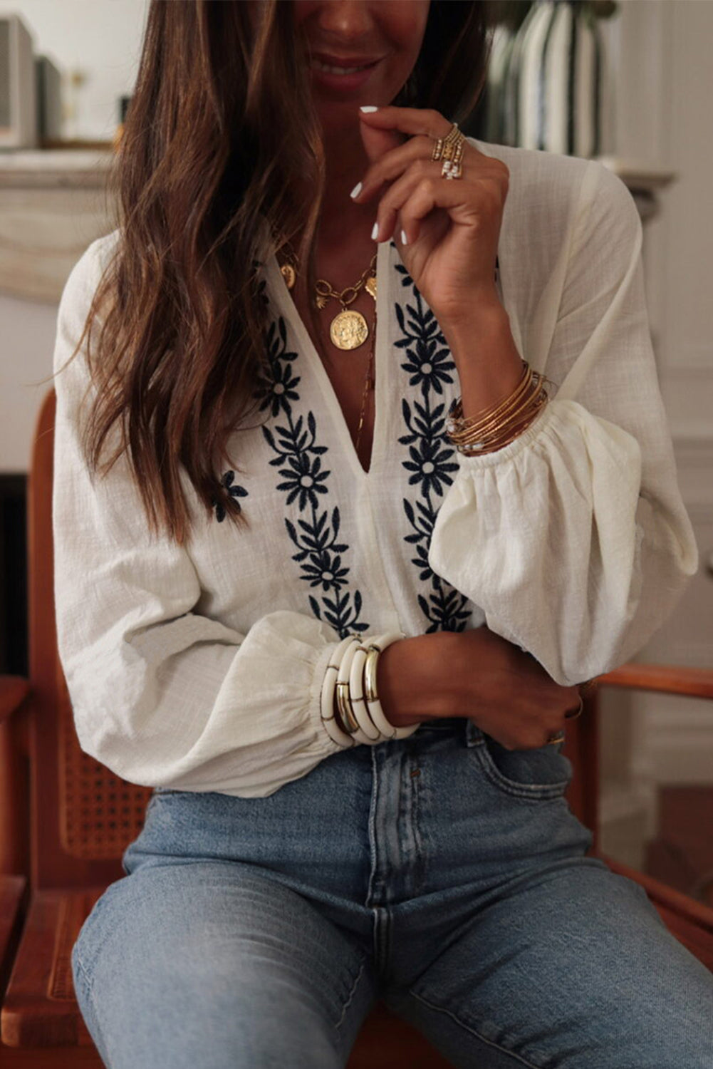 White Floral Embroidered Blouse