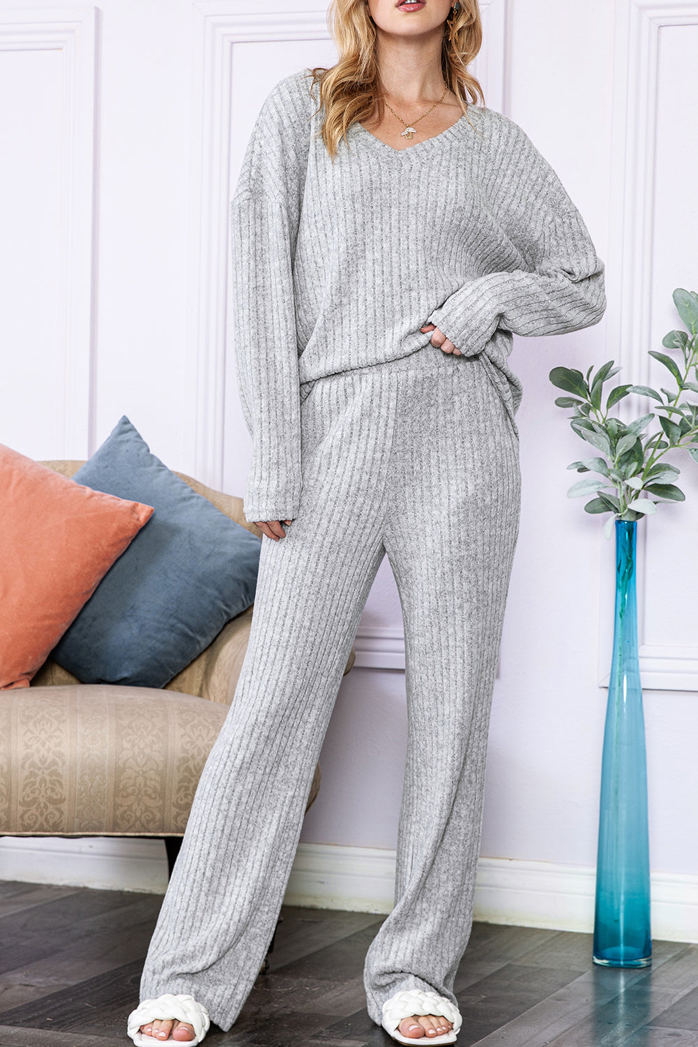 Ribbed Knit V Neck Top & Pants Loungewear Set