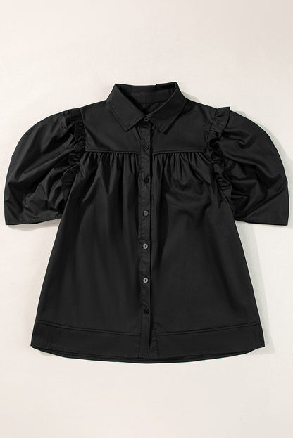 Black Puff Sleeve Loose Blouse