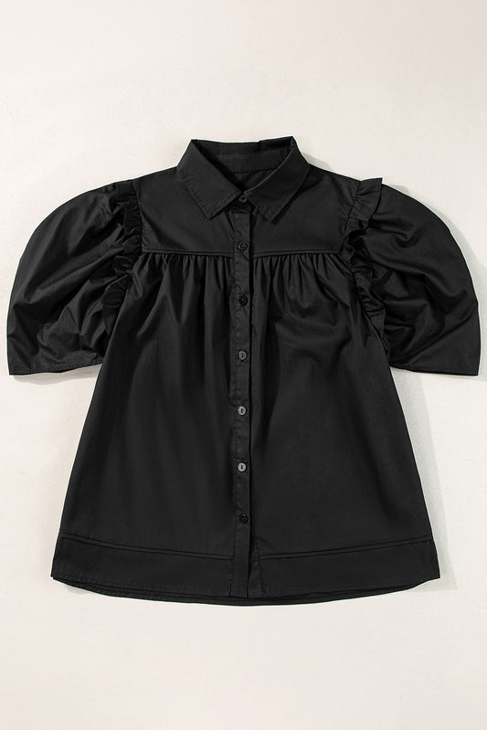 Black Puff Sleeve Loose Blouse