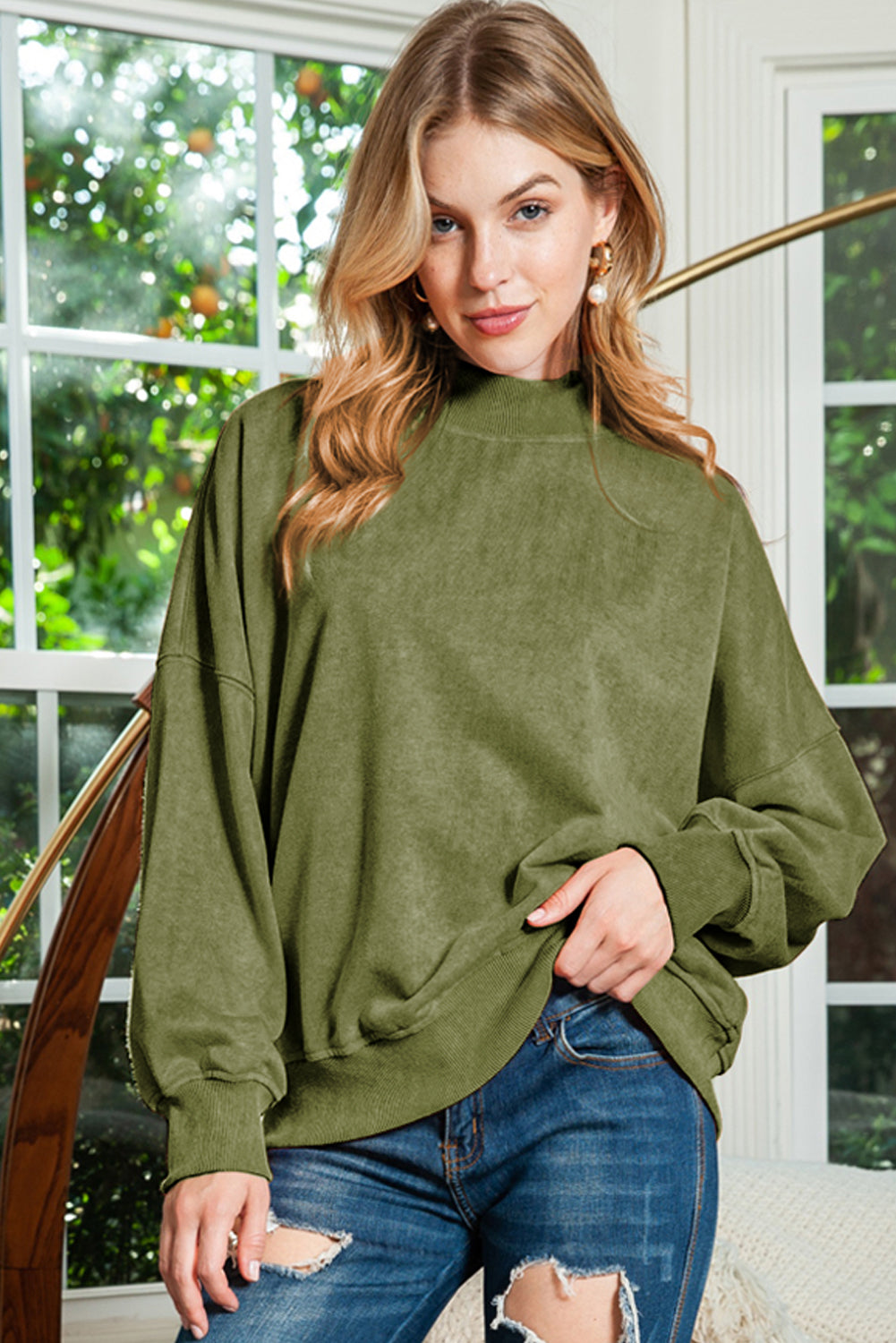 Plain Drop Shoulder Crew Neck Pullover Sweatshirt