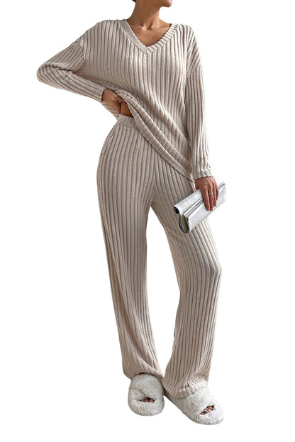 Ribbed Knit V Neck Top & Pants Loungewear Set