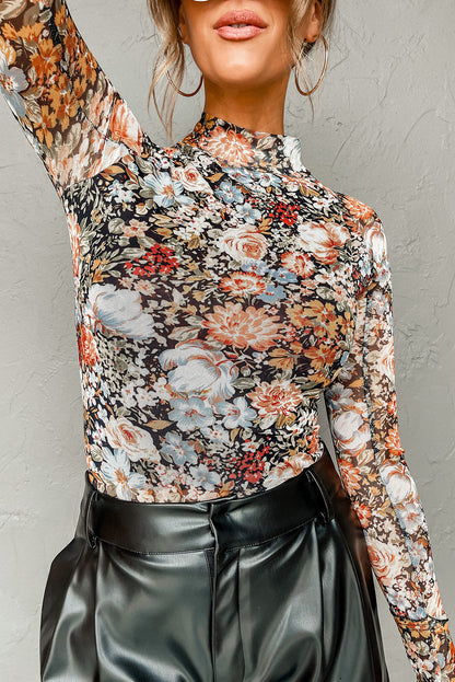 Brown Floral Print Mesh Top