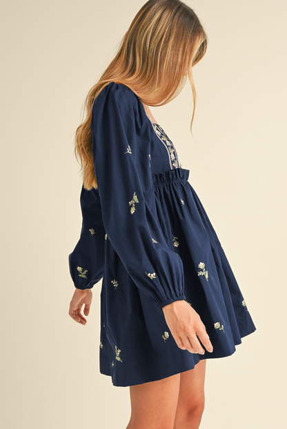 Blue Floral Embroidered Puff Sleeve Babydoll Dress