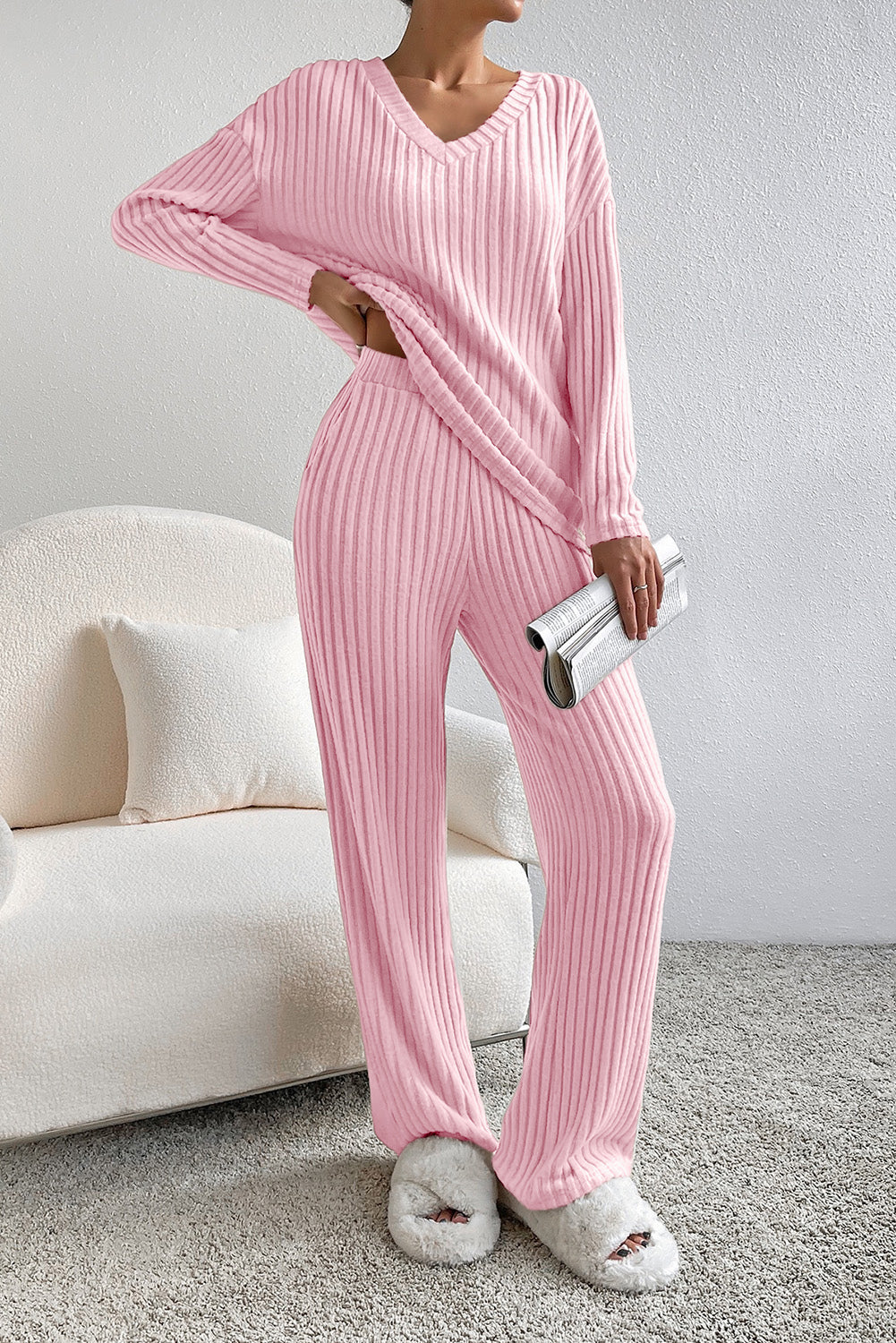 Ribbed Knit V Neck Top & Pants Loungewear Set