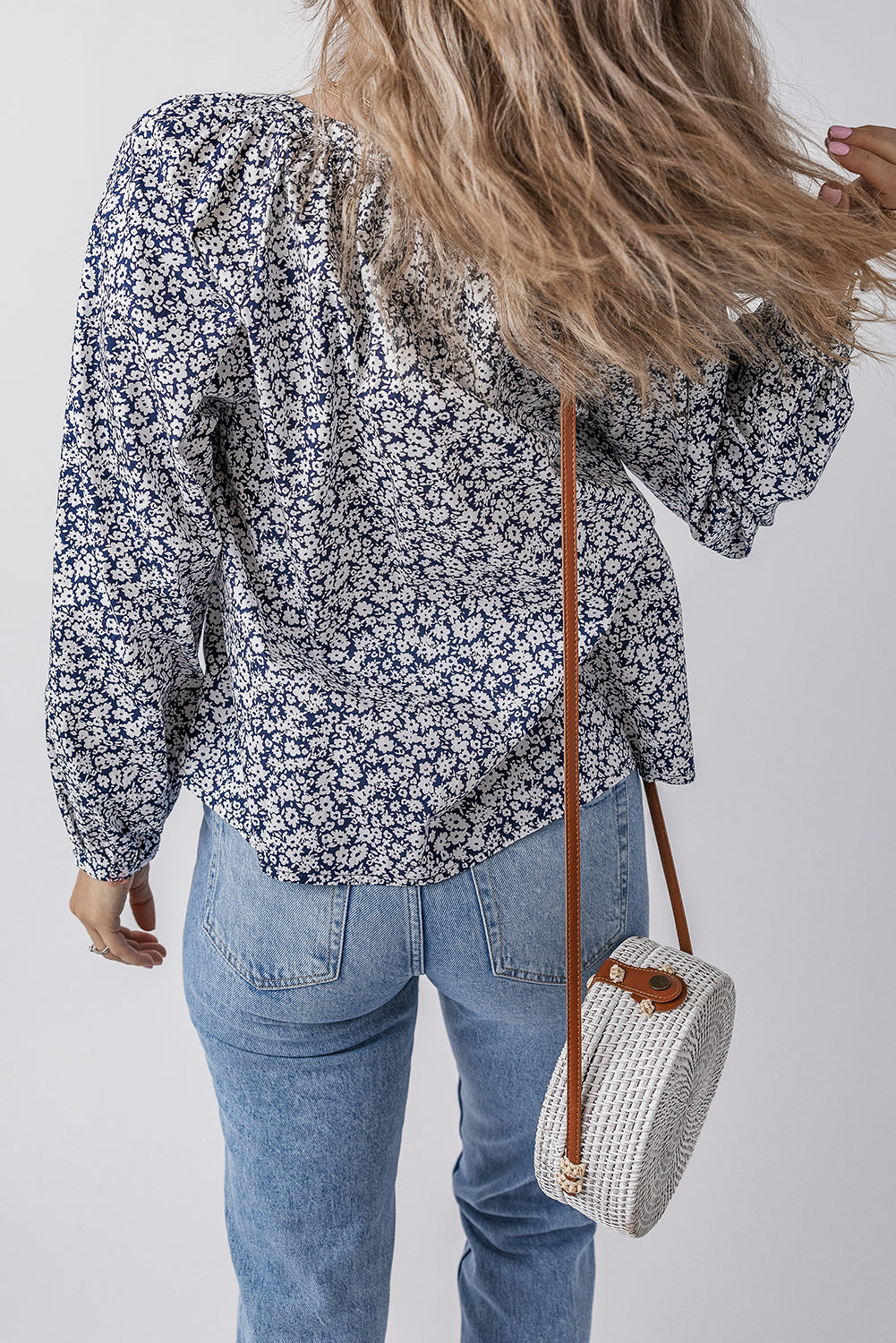 Blue Floral Print Puff Sleeve Blouse