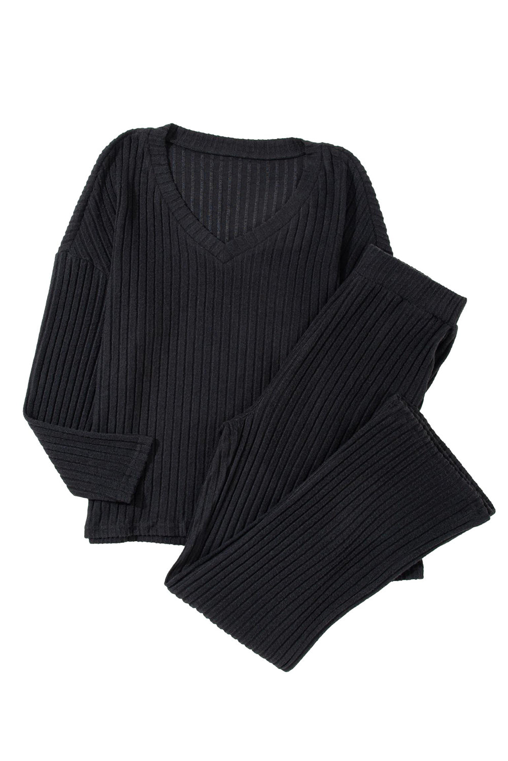 Ribbed Knit V Neck Top & Pants Loungewear Set