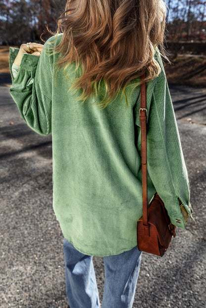 Mist Green Patched Pocket Button-Up Corduroy Shacket