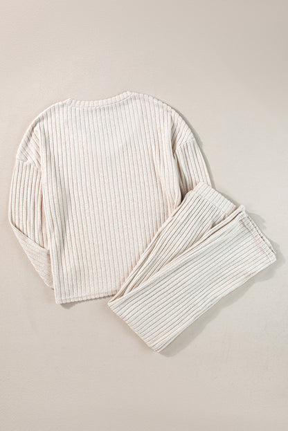 Ribbed Knit V Neck Top & Pants Loungewear Set