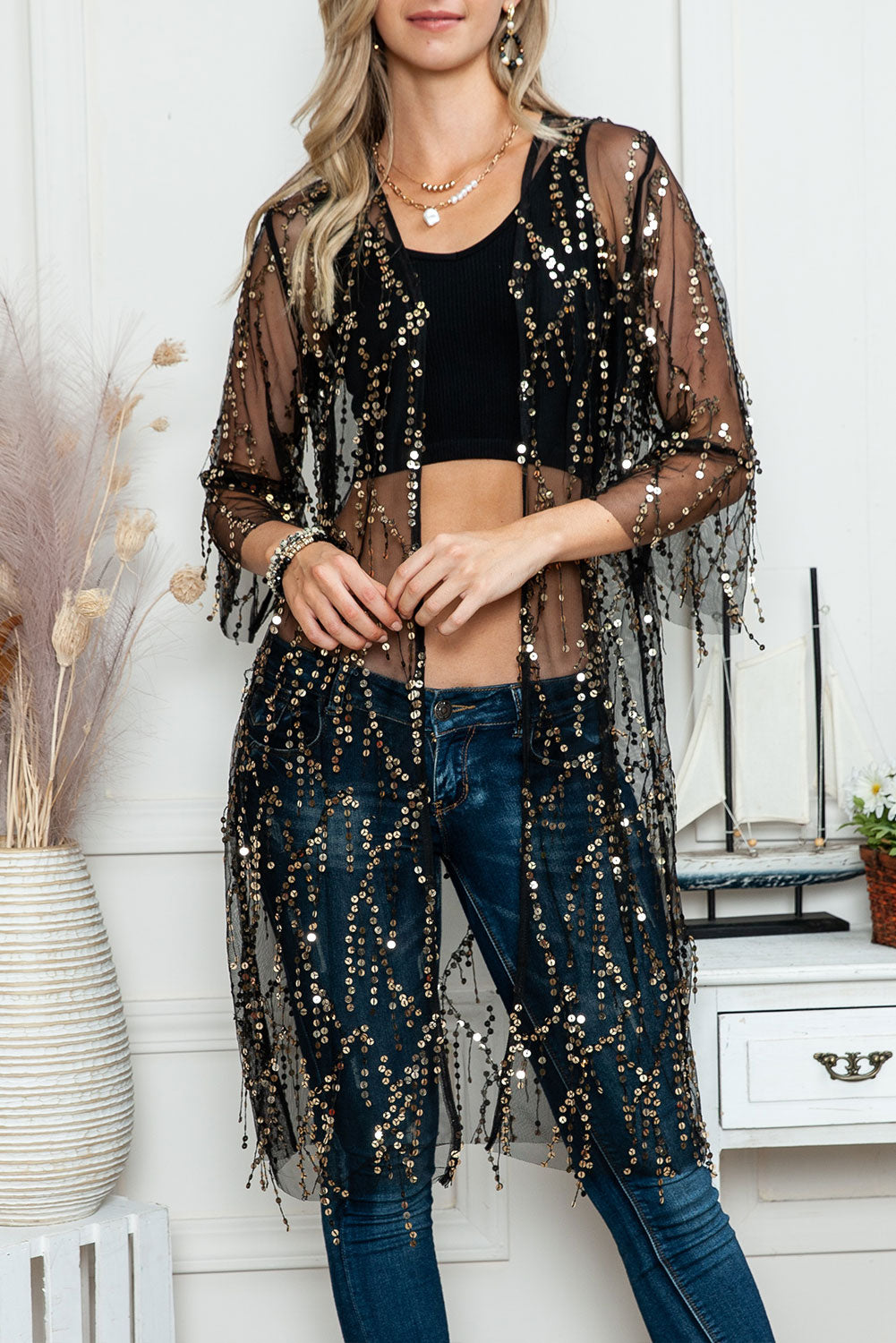 Black Sequin Sheer Cover Up