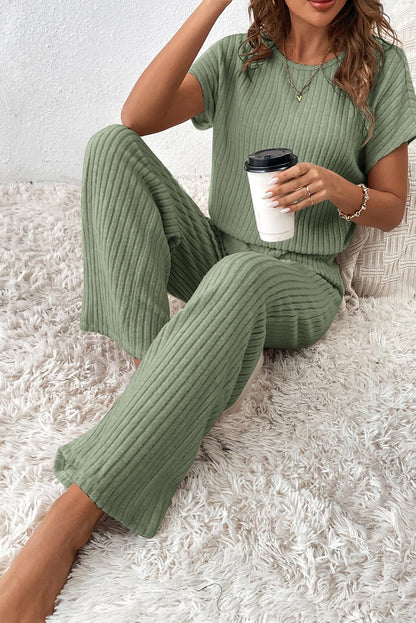 Ribbed Short Sleeve Wide Leg Jumpsuit