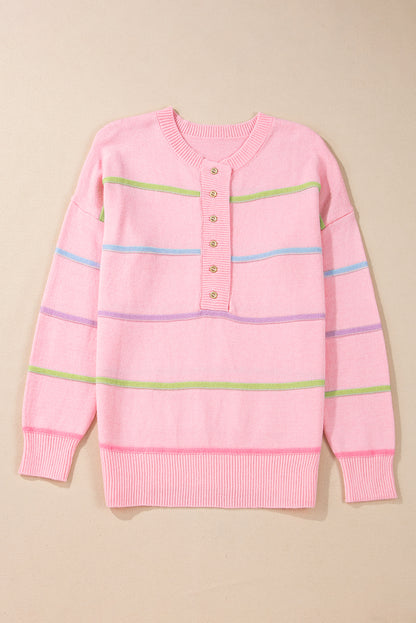 Pink Rainbow Striped Henley Sweater