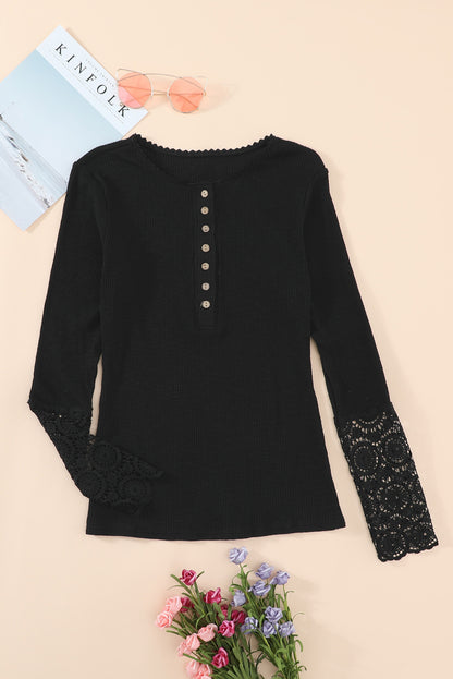 Black Lace Crochet Henley Shirt