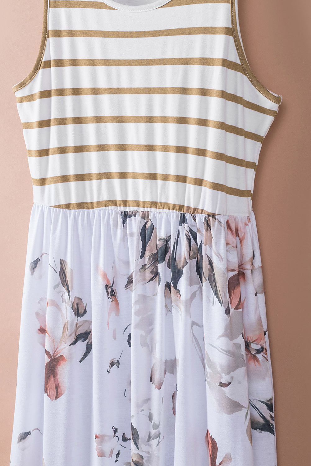 White Boho Stripes & Floral Print Floor Length Tank Dress