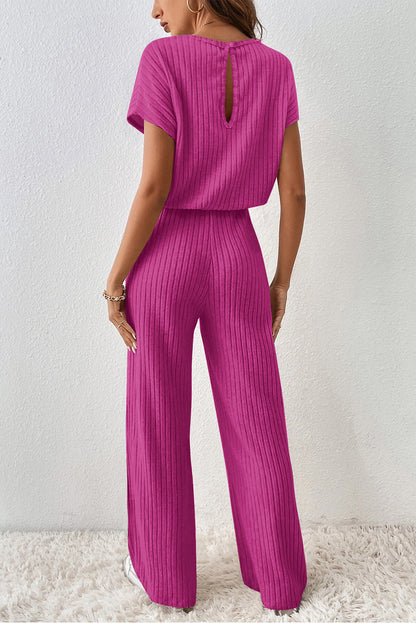 Ribbed Short Sleeve Wide Leg Jumpsuit