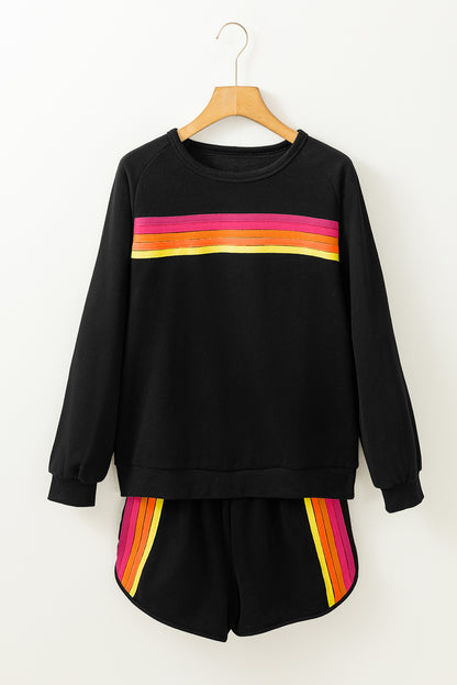 Black Striped Pullover and Shorts Set