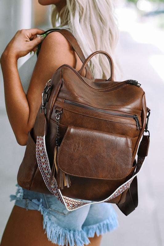 Dark Brown Tassel Decor Retro Large Capacity Backpack