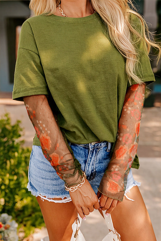 Fern Green Floral Mesh Sleeve Top