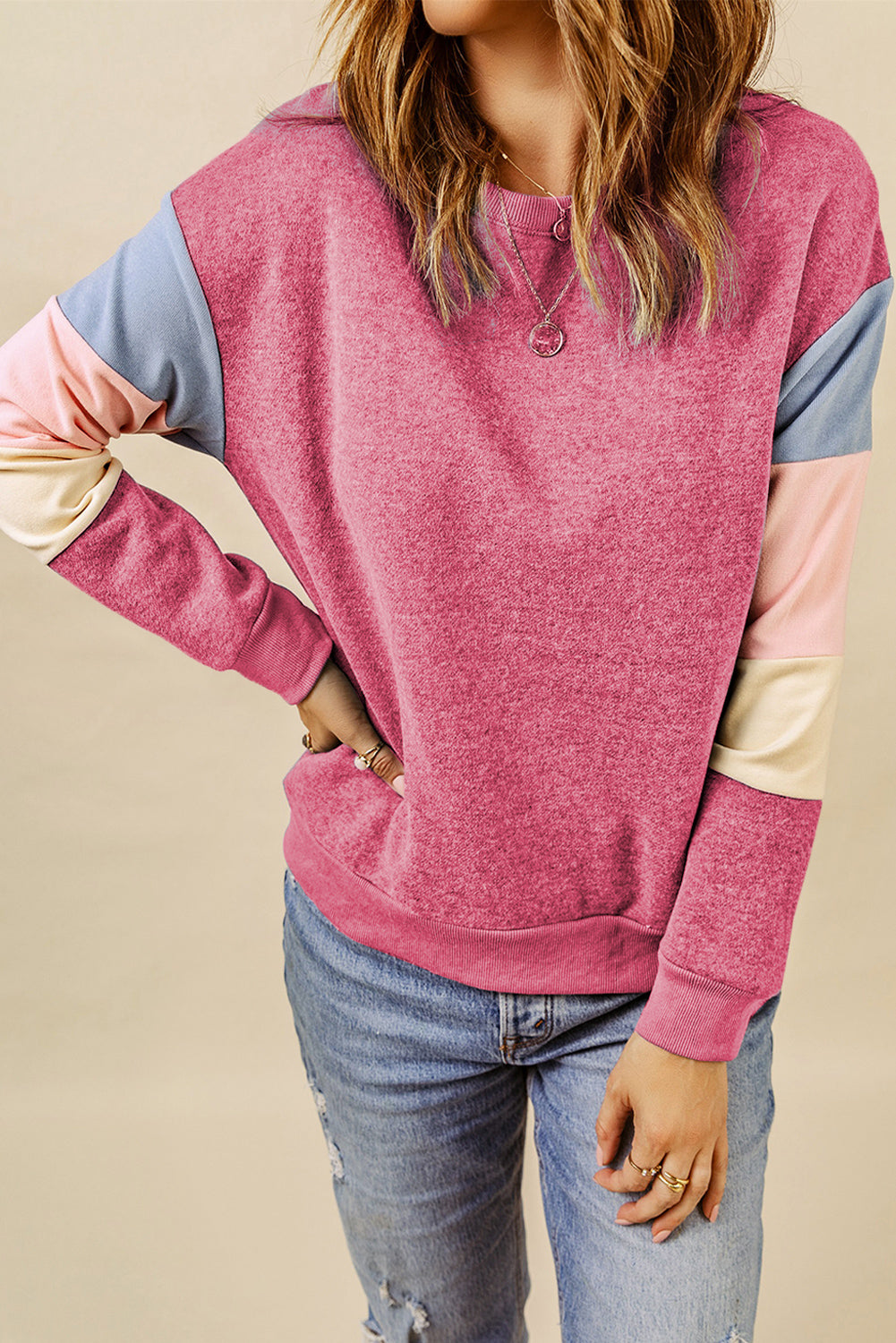 Dark Blue Color Block Casual Drop Sleeve Sweatshirt