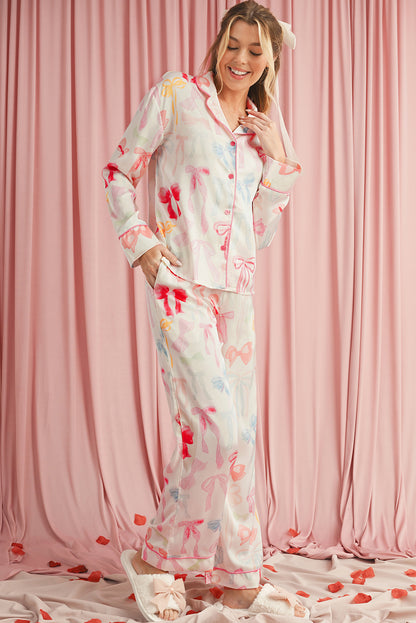 White Bow Print Satin Pajama Set