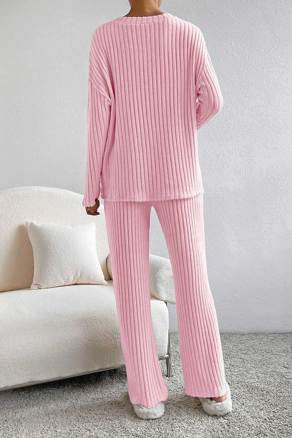 Ribbed Knit V Neck Top & Pants Loungewear Set