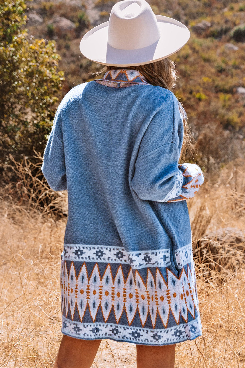 Blue Geometric Print Knit Cardigan