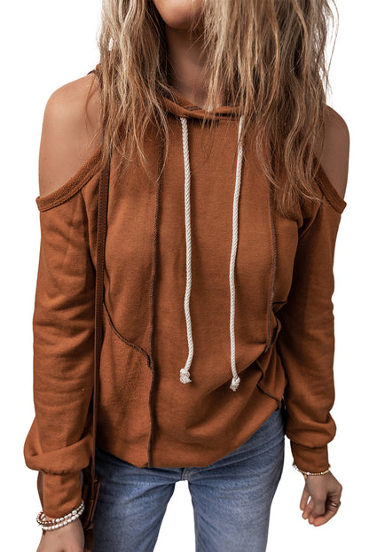 Cinnamon Exposed Seam Cold Shoulder Drawstring Hoodie