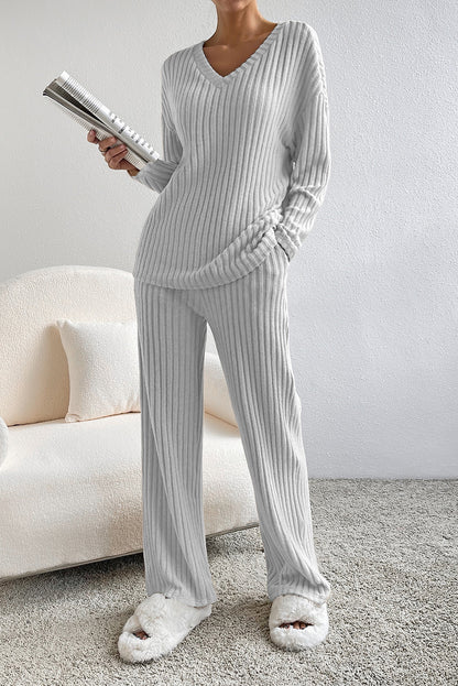 Ribbed Knit V Neck Top & Pants Loungewear Set