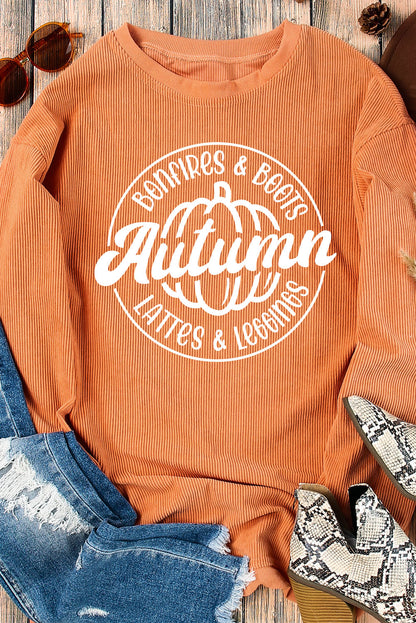 Orange Pumpkin Graphic Print Corded Oversized Sweatshirt