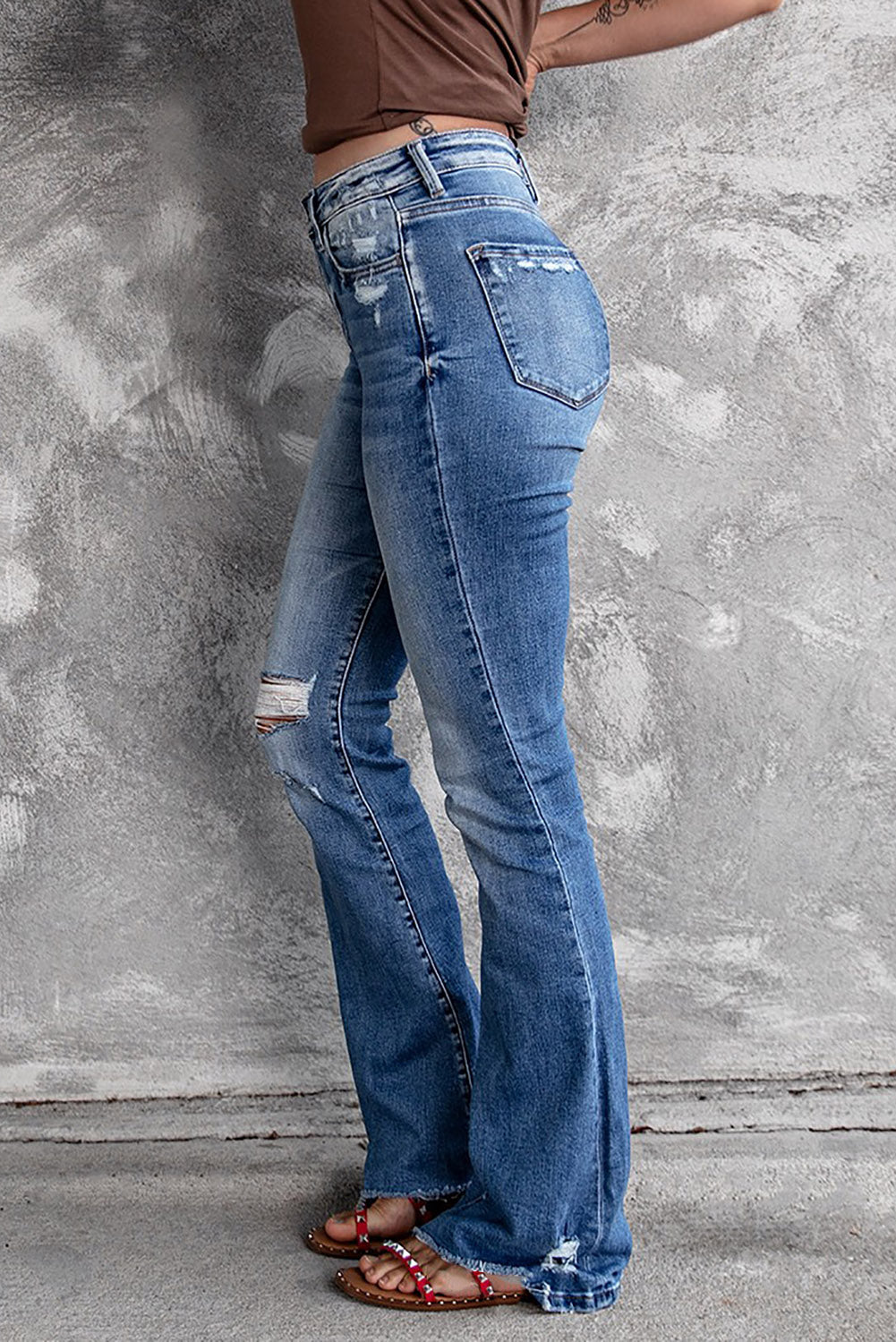 Dark Blue Ripped Raw Hem High Waist Flare Jeans