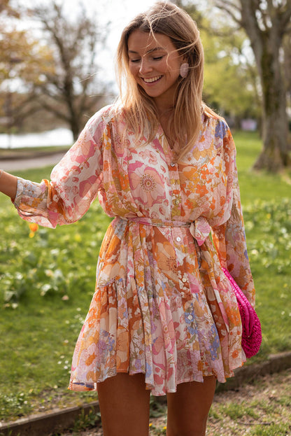 Yellow Ruffled Buttoned Knotted High Waist Floral Mini Dress