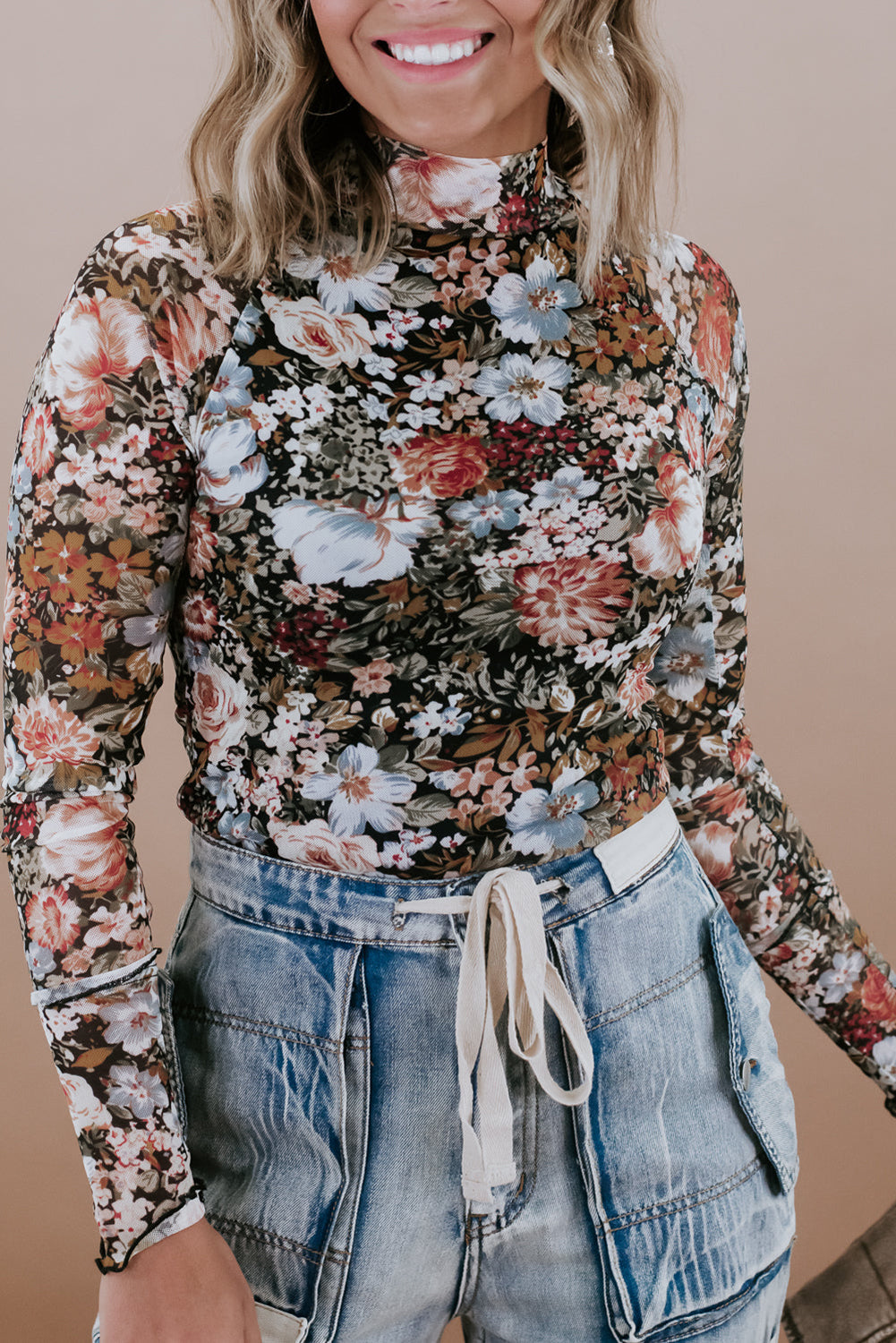 Brown Floral Print Mesh Top