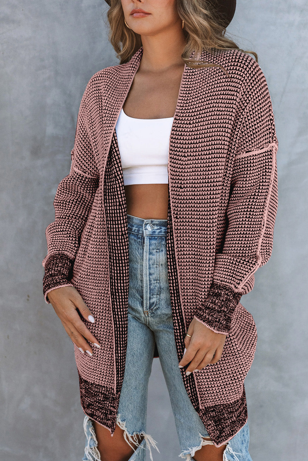 Pink Casual Knit Long Cardigan