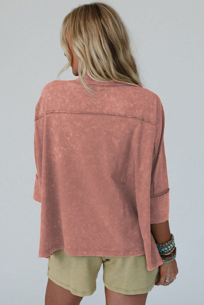 Rose Tan Floral Star Patched Exposed Seam Mineral Wash Top