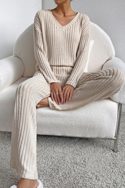 Ribbed Knit V Neck Top & Pants Loungewear Set