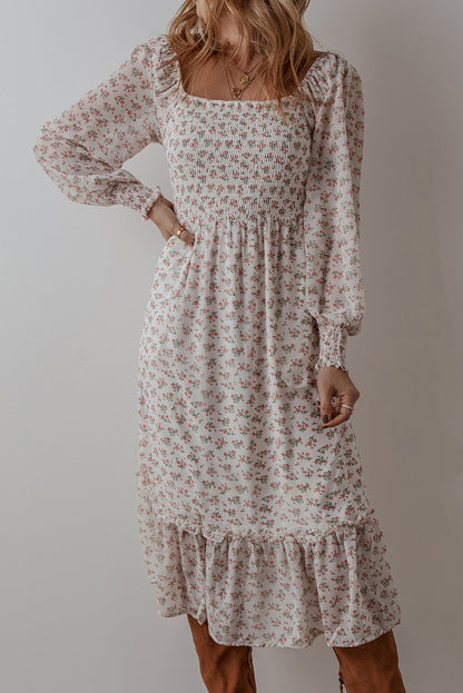 White Floral Print Midi Dress