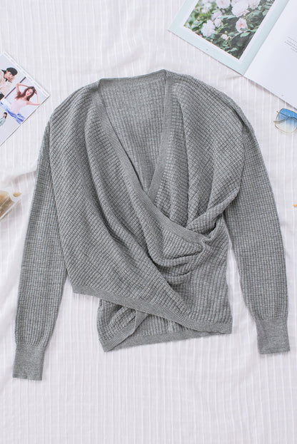 Grey Deep V-neck Knit Sweater