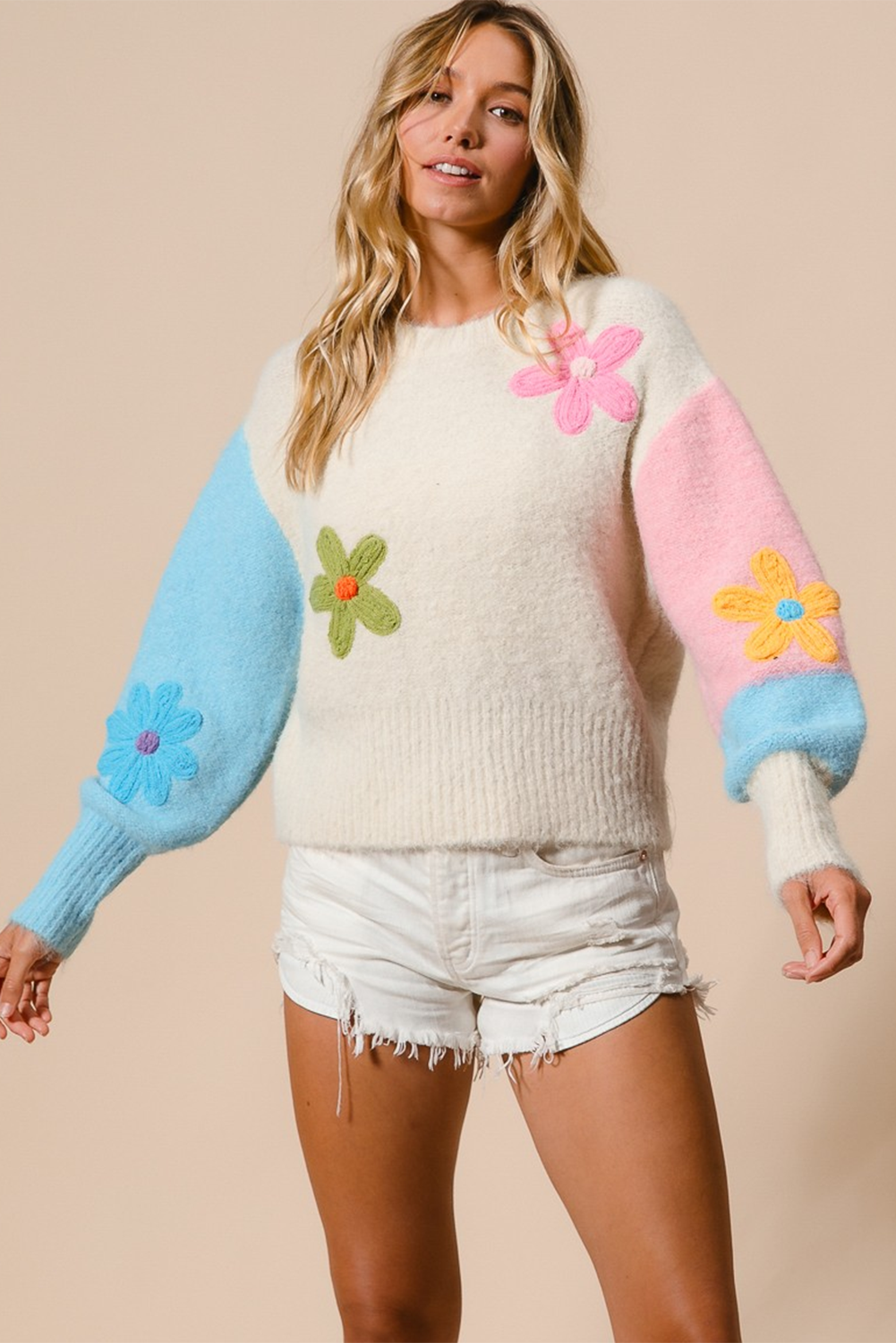 Multicolour Cute Flower Colorblock Knit Sweater