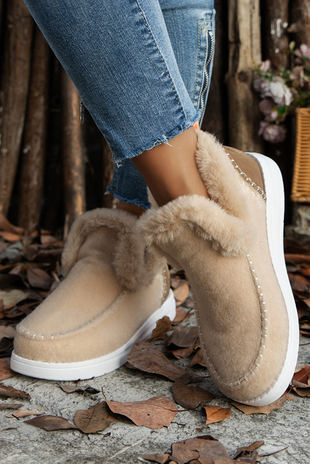 Beige Plush Lined Anklet Boots