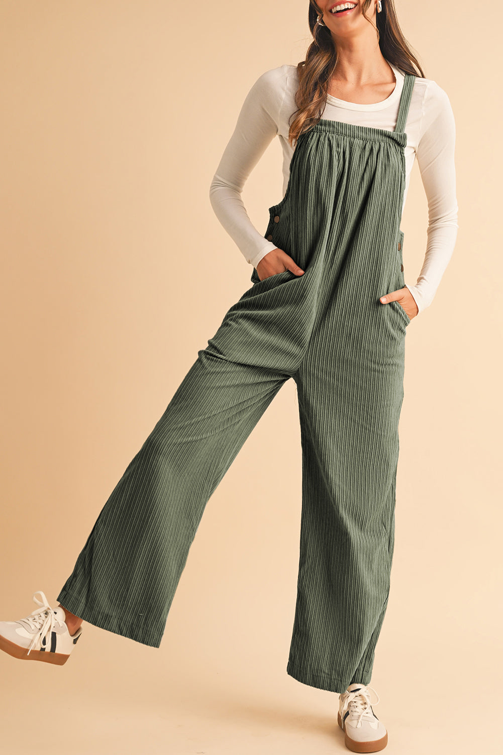 Jungle Green Loose Fit Corduroy Overalls