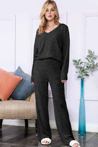 Ribbed Knit V Neck Top & Pants Loungewear Set