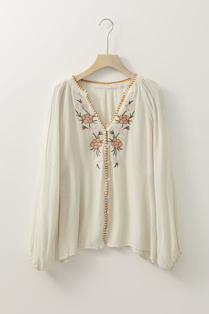 Beige Floral Embroidered Crinkle Puff Sleeve Loose Blouse