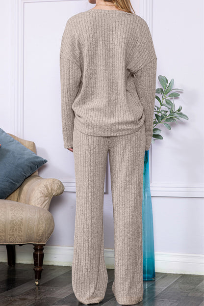 Ribbed Knit V Neck Top & Pants Loungewear Set