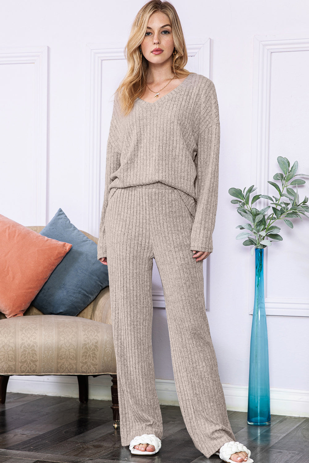 Ribbed Knit V Neck Top & Pants Loungewear Set