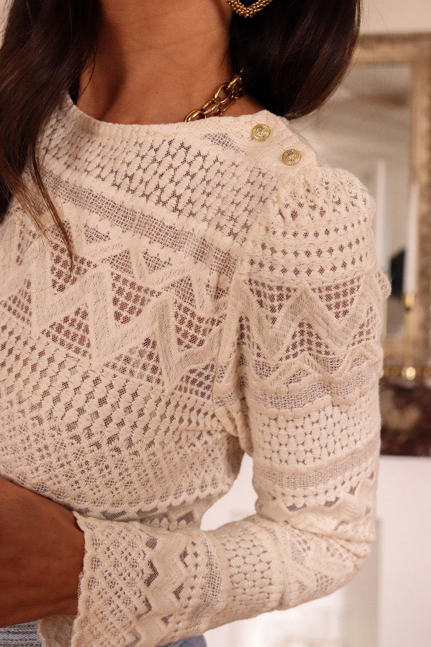 White Geometric Lace Buttoned Decor Long Sleeve Blouse