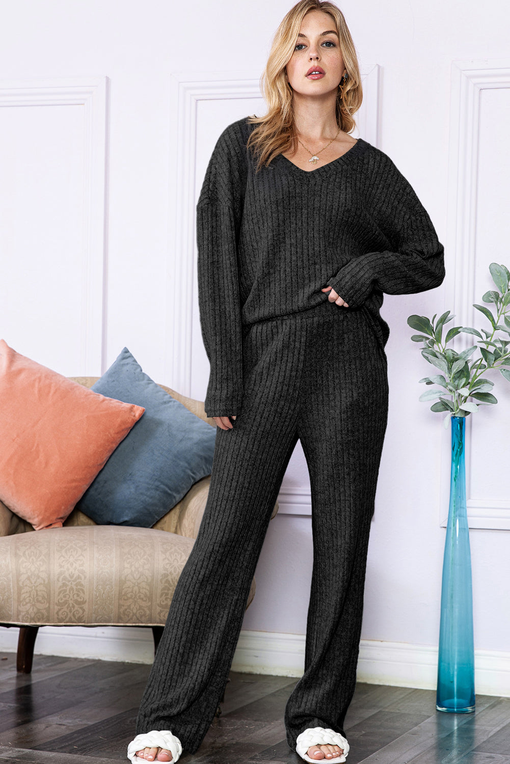 Ribbed Knit V Neck Top & Pants Loungewear Set