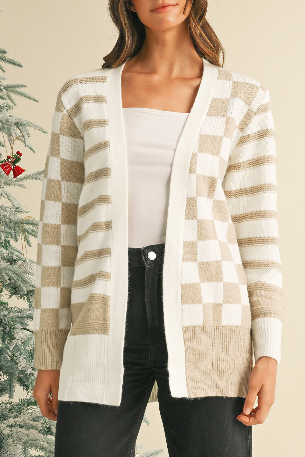 Beige Striped Knitted Cardigan